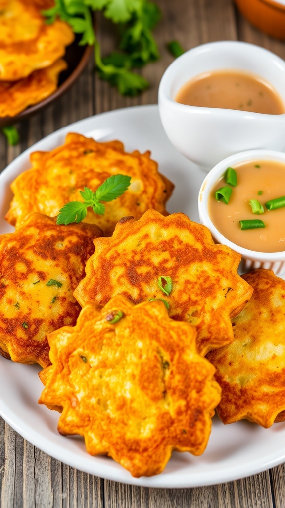 Crispy vegetable fritters on a plate with herbs and dipping sauce.